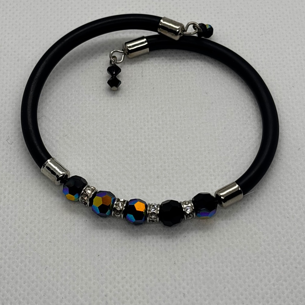 Black Cord Bracelet‎ AB Beads Silver Accents Bangle Fashion Jewelry